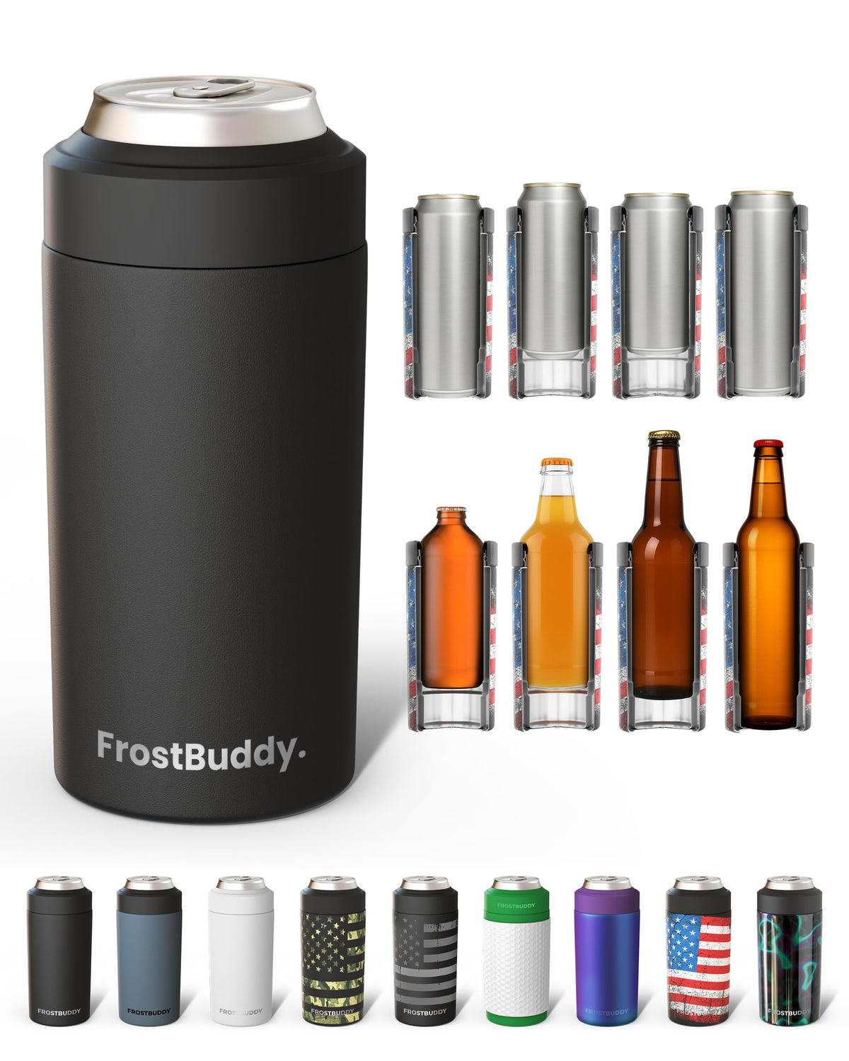 Frost Buddy Universal Can Cooler, Insulated Holder for 12-16 oz Cans | Skinny Can Cooler, Can Cooler with Lid, Beer Cooler, 16 oz Can Cooler, Energy Drink Holder, Can Insulator, Universal Koozie