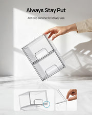 Vtopmart 4 Pack Small Clear Stackable Storage Drawers, Fits Narrow Spaces | Multi-Use Plastic Bins for Bathroom Cabinet Organizer, Makeup, Desk, Vanity, Undersink, Medicine ,Keeps Small Items Organized