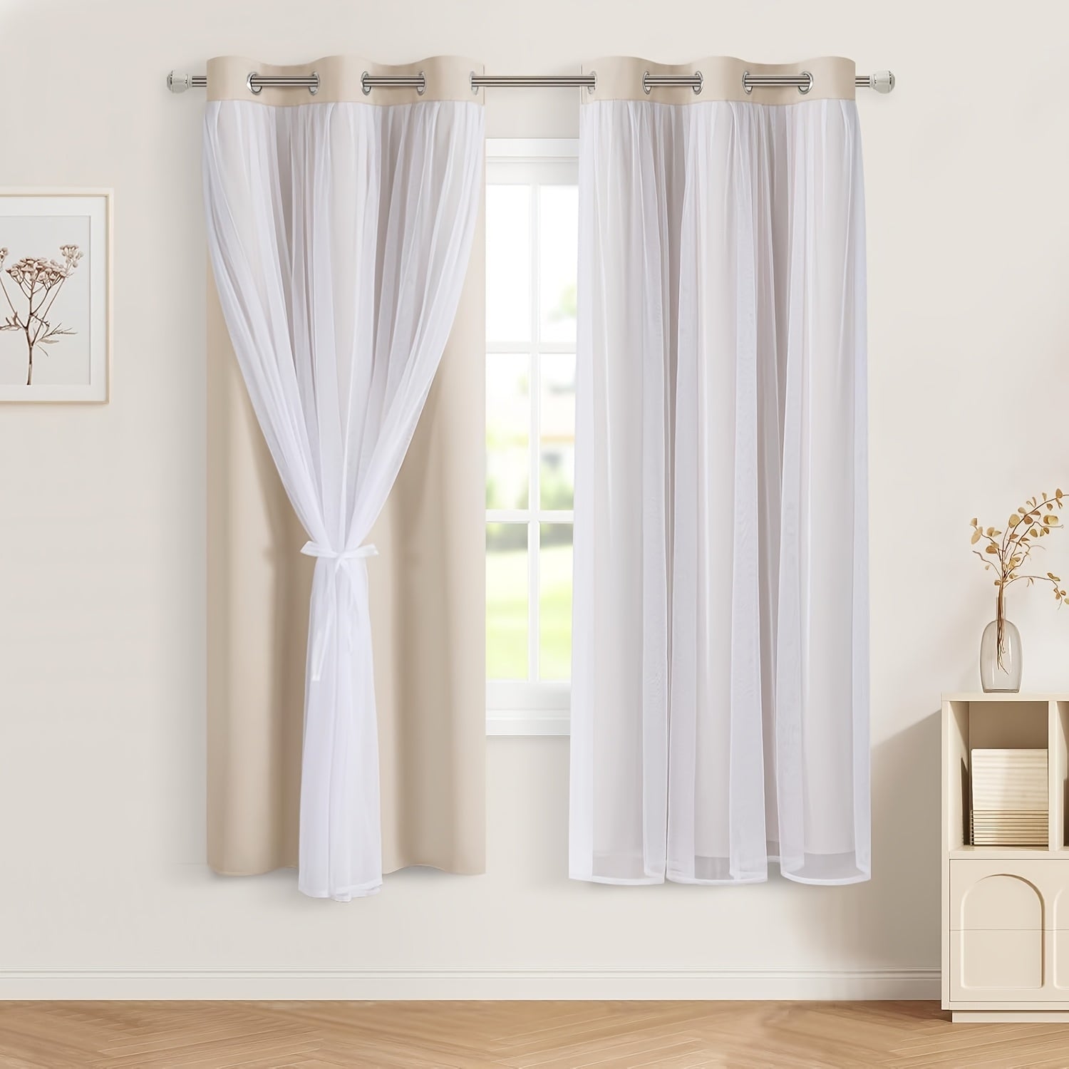 2 Panels Blackout Curtains with Sheer Overlay Thermal Insulated Mix & Match Double Layer Window Panels for Bedroom Living Room Drape Sewn with Tiebacks Grommet Top