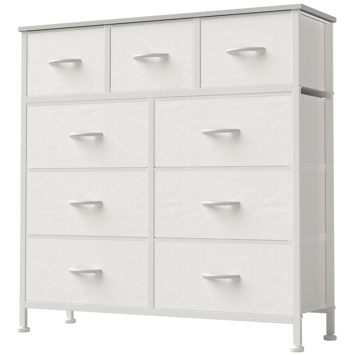 DUMOS 9 Drawer Dresser for Bedroom, Storage Organizer Chest of Drawers | Fabric Bins Storage Tower with Sturdy Metal Frame, Wood Tabletop for Closet, White