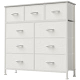 DUMOS 9 Drawer Dresser for Bedroom, Storage Organizer Chest of Drawers | Fabric Bins Storage Tower with Sturdy Metal Frame, Wood Tabletop for Closet, White