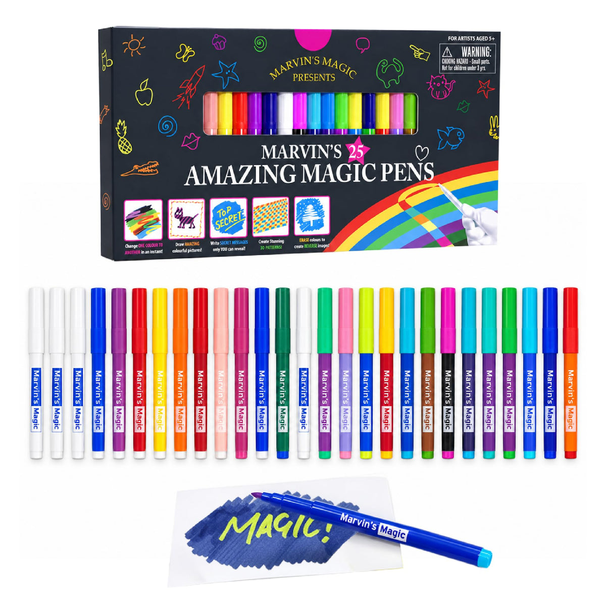 Marvin's Amazing Magic Pens 25 Pack - 2 Erasable Color-Changing, Ages 5+ | 25 Magic Pens With 2 Erasable Pens, Color-Changing Art, Secret Messages, 3D Lettering & Vanishing Effects