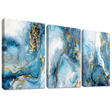 3 Panels Wooden Framed Golden Blue Ocean Canvas Wall Art Nordic Marble Painting on Canvas Print Picture for Living Room Hallway Stairs Bedroom Bathroom Wall Decor Ready To Hang 90x40cm(12"x16"x3pcs)