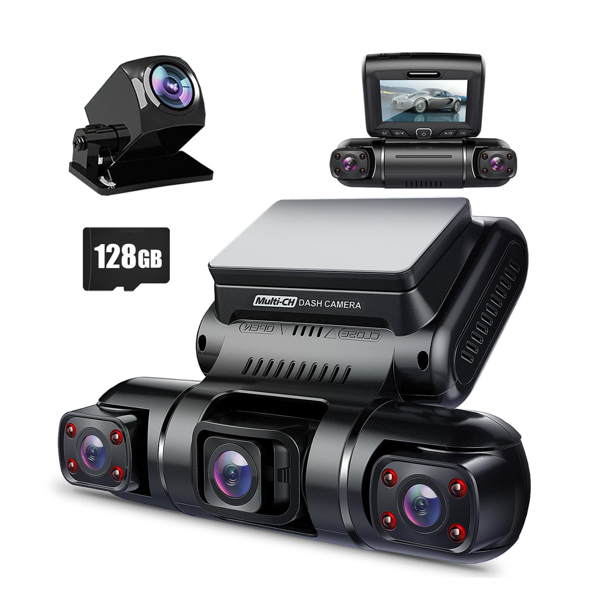PRUVEEO 360° 4 Channel Dash Cam Front and Rear Inside Left Right, Dash Camera for Cars, Built-in GPS WiFi Night Vision, 24/7 Recording Parking Mode Monitor, 128G Card Included
