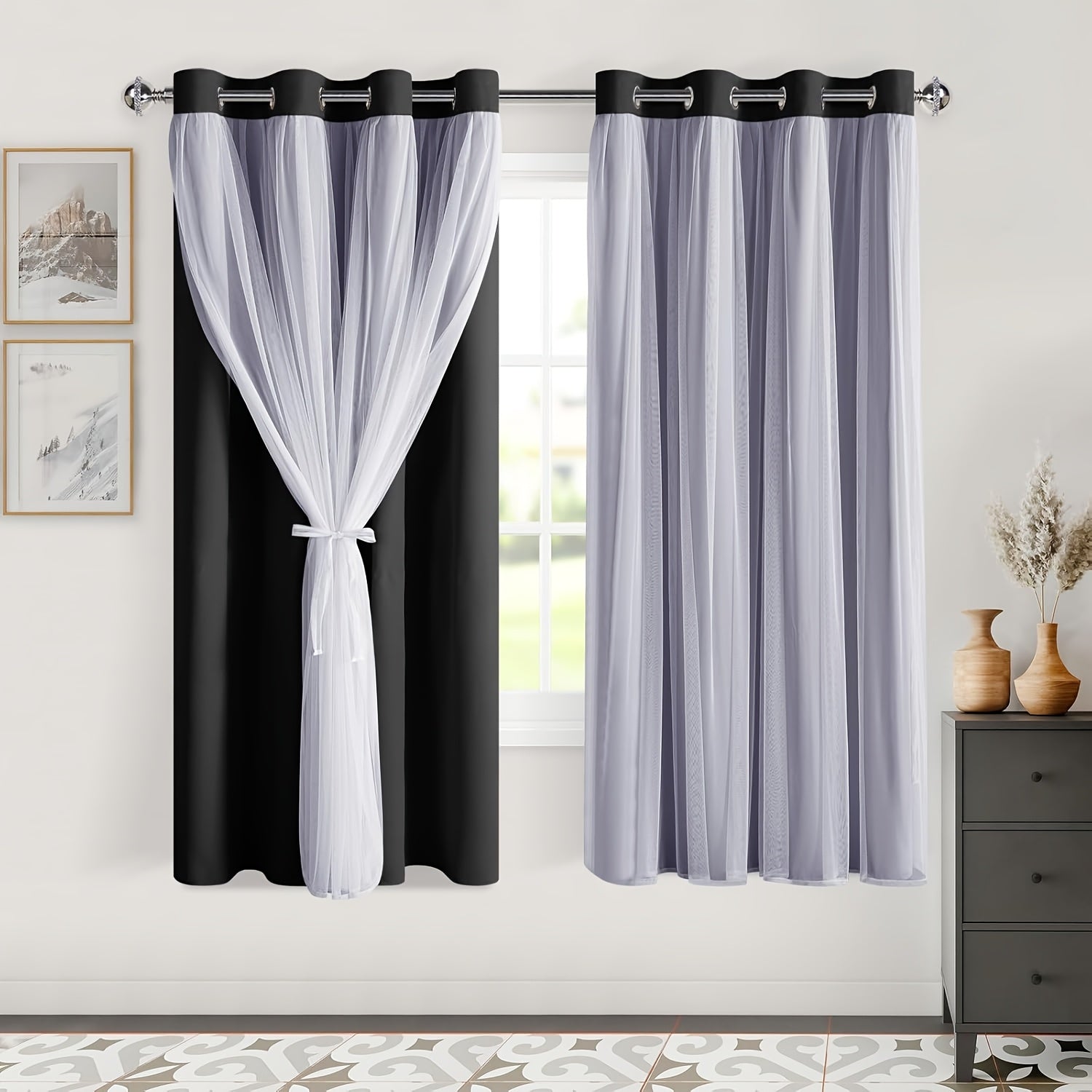 2 Panels Blackout Curtains with Sheer Overlay Thermal Insulated Mix & Match Double Layer Window Panels for Bedroom Living Room Drape Sewn with Tiebacks Grommet Top