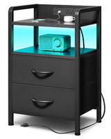 Lazzanto Nightstand with Rear Charging Station, LED Light, 2 Drawers, Black | Industrial Nightstand, 2 USB-A Ports & AC Outlets, Raised Back Guard, Fabric Storage Drawers, Bedside Table for Bedroom, Dorm