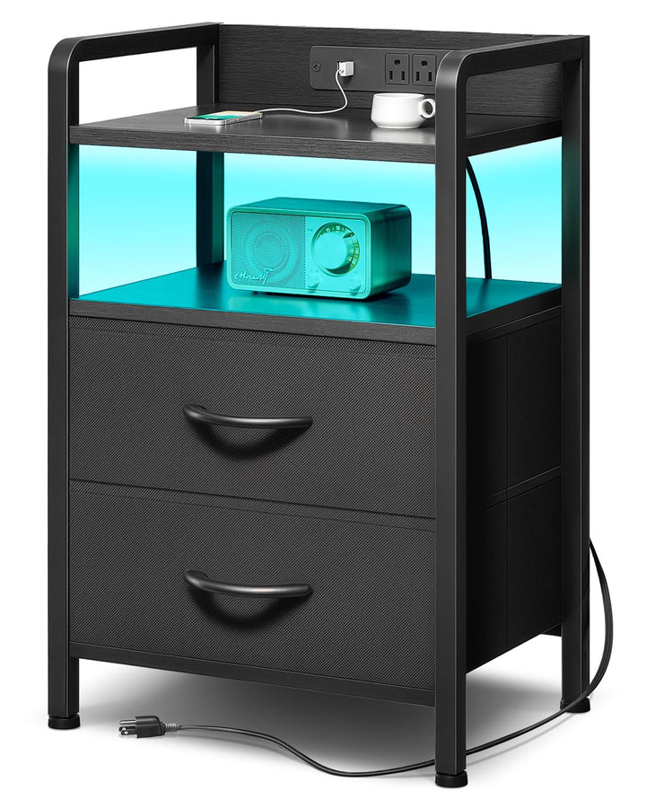 Lazzanto Nightstand with Rear Charging Station, LED Light, 2 Drawers, Black | Industrial Nightstand, 2 USB-A Ports & AC Outlets, Raised Back Guard, Fabric Storage Drawers, Bedside Table for Bedroom, Dorm