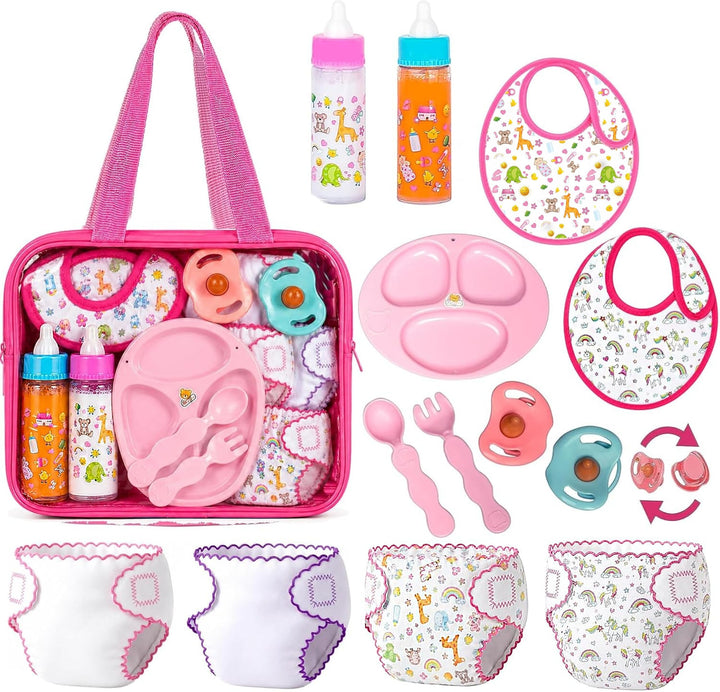 fash n kolor My Sweet 13-Piece Doll Feeding & Diaper Bag Set – Magic Disappearing Milk Bottles, Diapers, Bibs, Pacifiers & Accessories – Pretend Play Doll Care Kit with Carrying Bag for Girls