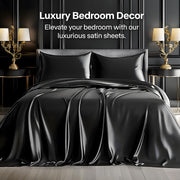 BEDELITE Satin Sheets Queen Size Bed Set, Black, 4 Pieces | Luxury Silky Bed Sheets, 15 Inch Deep Pocket, Similar to Silk, Soft and Cooling, Reduces Friction, Gentle on Hair and Skin