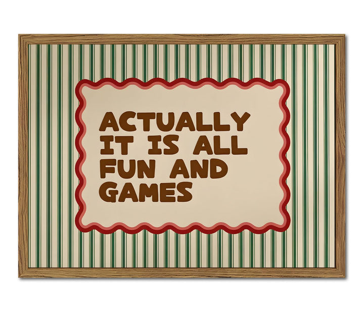 Actually It Is All Fun And Games Sign Wall Art Funny Playroom Quote Wall Decor Painting Vintage Striped Kids Game Room Canvas Poster Prints Picture for Bedroom Living Room 12x16 inch Wood Framed
