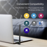 TP-Link AC600 USB WiFi Adapter for Desktop PC - USB Wireless Adapter for PC | WiFi dongle for PC with 2.4GHz, 5GHz High Gain Dual Band 5dBi Antenna, Supports Win11/10/8.1/8/7/XP, Black (Archer T2U Plus)