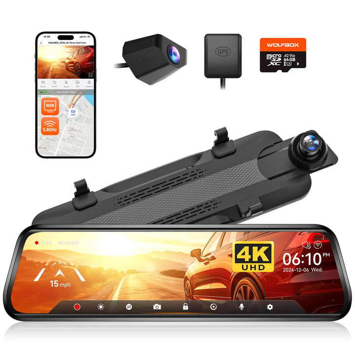 WOLFBOX G930 10'' 4K Rear View Mirror Camera with 64GB Card,5.8GHz WiFi | Dash Cam Front and Rear with WDR,Touch Screen Rearview Mirror Backup Camera,Night Vision,Parking Monitor,Reverse Assist,GPS