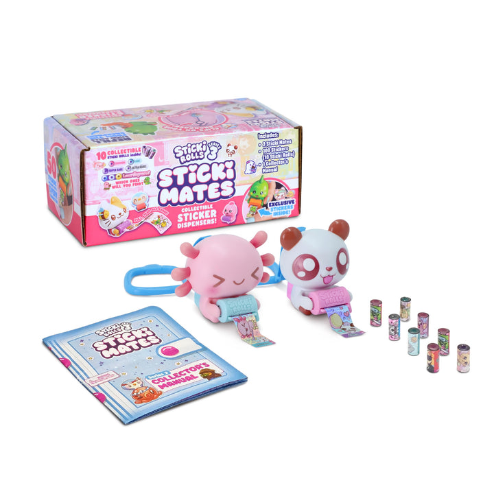 Sticki Rolls Sticki Mates - Collectible Sticker Dispenser 2-Pack - Ages 5+ | Happy Axie and Pandi, 50 Stickers & Backpack Clip, Kids Travel Play Activity, 3-Inch Mini Characters