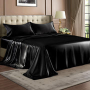 BEDELITE Satin Sheets Queen Size Bed Set, Black, 4 Pieces | Luxury Silky Bed Sheets, 15 Inch Deep Pocket, Similar to Silk, Soft and Cooling, Reduces Friction, Gentle on Hair and Skin