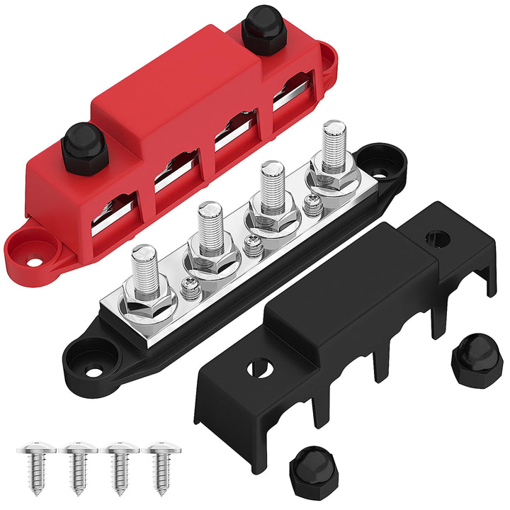 Joinfworld Bus Bar 12V 250A Power Distribution Block 4 x 3/8" Studs Marine Bus Bar 12 Volt Battery Busbar Terminal Block for Automotive, Car, Boat, Solar Wiring - Negative&Positive