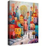 Wooden Framed Canvas Wall Art Colourful Town Painting on Canvas Prints Poster Artwork Fantasy House Trees Pictures for Living Room Bedroom Bathroom Dining Room Hallway Wall Decoration 30x40cm