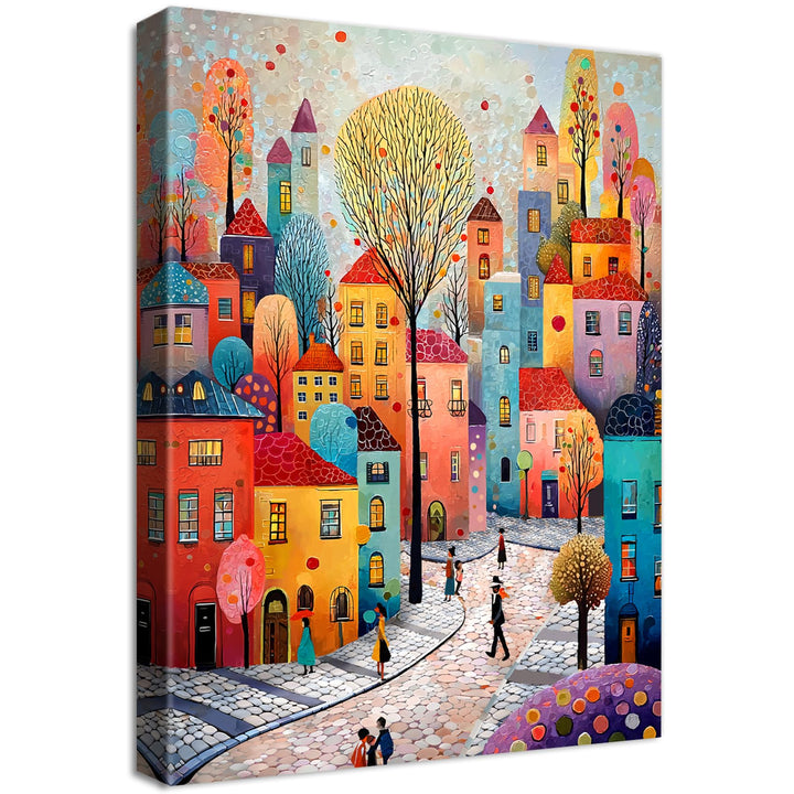 Wooden Framed Canvas Wall Art Colourful Town Painting on Canvas Prints Poster Artwork Fantasy House Trees Pictures for Living Room Bedroom Bathroom Dining Room Hallway Wall Decoration 30x40cm