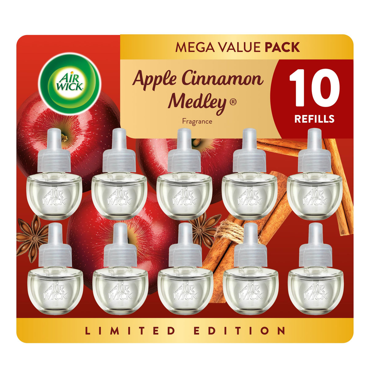 Air Wick Plug-In Refills, Apple Cinnamon Medley, Essential Oils,10 count | Apple Cinnamon Medley scented oil refills infused with essential oils for fall home fragrance, Air Freshener