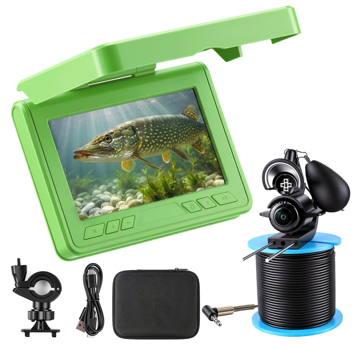 Underwater Fishing Camera, 220° Ultra-Wide HD View, 4.3" LCD Monitor, IR Night Vision, 100FT Cable & 5000mAh Rechargeable Battery for Ice and Boat Fishing