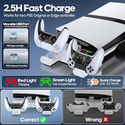 PS5/Slim/Pro Horizontal Stand with Cooling Fan & Charger for Original & Edge Controllers, Scalable Design PS5 Accessories Base with EVA Foams for All PS Five Disc & Digital, PS 5 Sideways Stand White