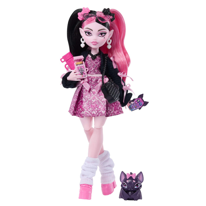 Monster High Draculaura Doll with Pet Bat | Vampire in Pink Dress and Black Cardigan with Pet Count Fabulous and 7 Accessories like Ramen, Lipstick and Purse​