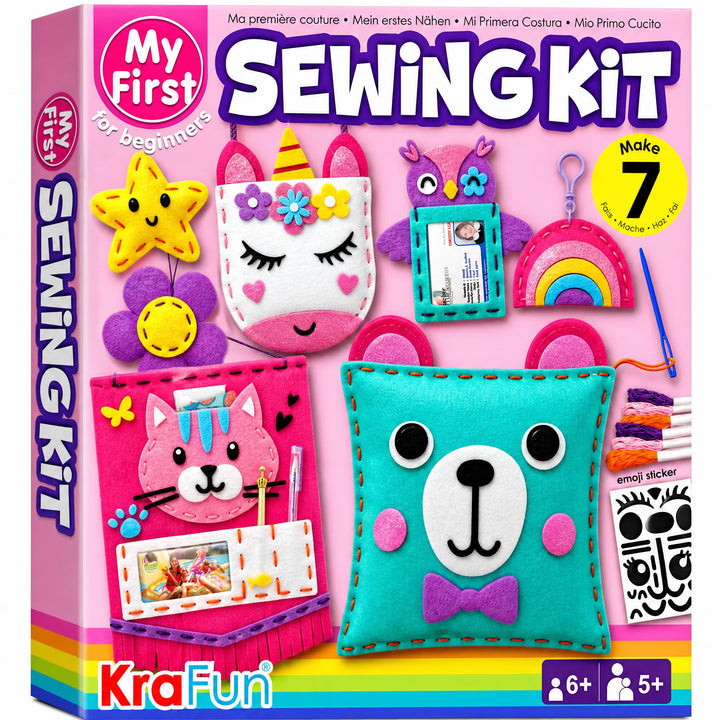 KRAFUN My First Sewing Kit for Kids Ages 6-12 | 7 Animal Dolls | 7 stuffed animal & plush pillow projects. Pre-punched felt & instructions included. Gift for girls & boys
