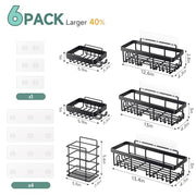 Veken Shower Caddy 6-Pack, Bathroom Organizers and Storage Shelves, Black | Advanced Rustproof Design, Large Capacity, No Drilling, Adhesive Rack with Soap Holder, Wall-Mounted Kitchen & Home Decor