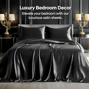 BEDELITE Satin Sheets Queen Size Bed Set, Black, 4 Pieces | Luxury Silky Bed Sheets, 15 Inch Deep Pocket, Similar to Silk, Soft and Cooling, Reduces Friction, Gentle on Hair and Skin