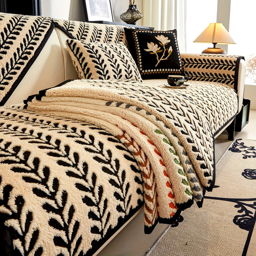 1pc Nordic Minimalist Modern Plush Sofa Cover, Striped Printed Pattern Sofa Mat, Pet Friendly Thick Plush Sofa Protective Cover, Anti Slip Sofa Furniture Cover, Suitable for Bedroom, Office, and Living Room Home Decoration