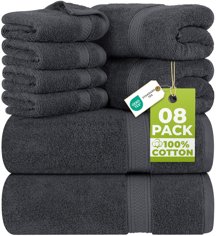Utopia Towels 8 Piece Towel Set, 100% Cotton, Gray | 2 Bath Towels, 2 Hand Towels and 4 Washcloths Cotton Hotel Quality Super Soft, Highly Absorbent, Machine Washable