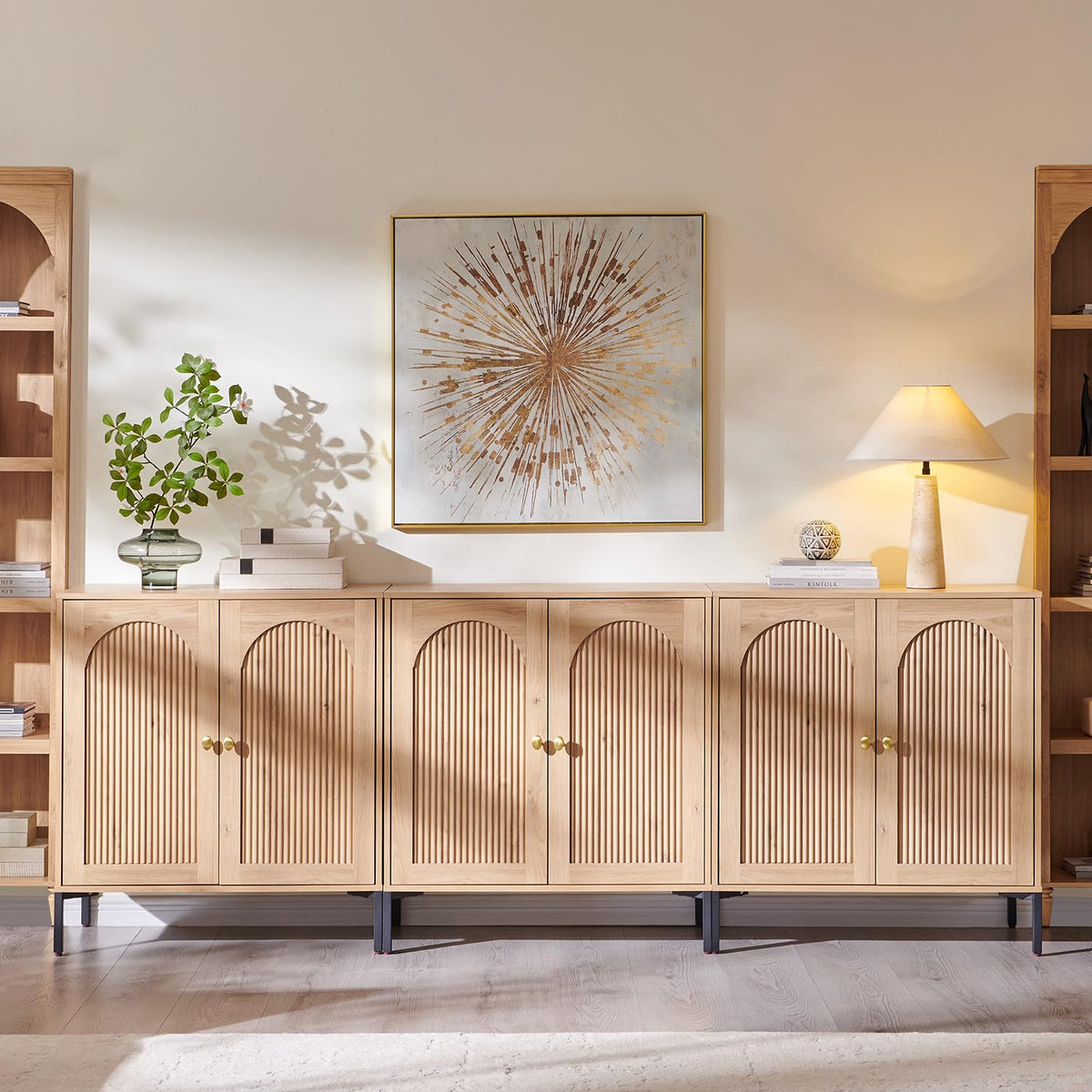 IFGET 92.63" W Modern Arched Sideboard Buffet Cabinet with Storage, Natural | Fluted Arch Sideboard Cabinet w/Adjustable Shelves, Wooden Modular Kitchen Cabinet for Dining& Living Room, Entryway