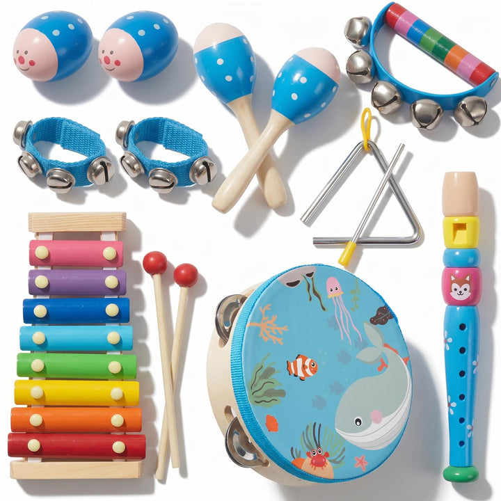 Wooden Musical Instruments Set for Toddlers 1-3, Montessori Baby Toys | 8 Kinds of Natural Wood Percussion Instruments Xylophone Gift Set for Girls Boys Kids,Preschool Educational Musical Toys