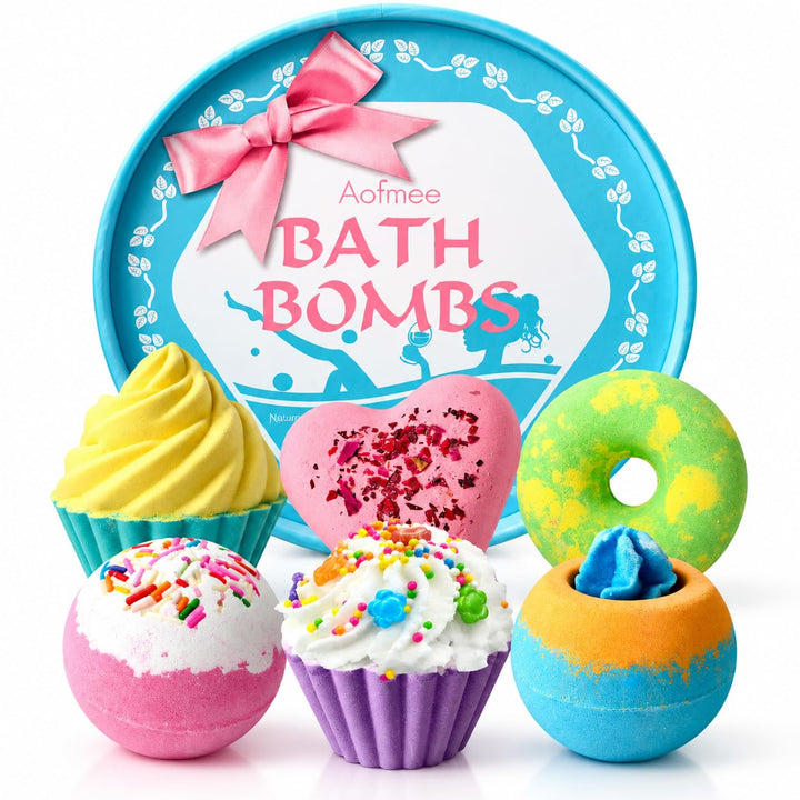 Aofmee Bath Bombs, 6pcs Bubble Bath Bomb for Girls, Handmade Fizzies Bathbombs for Women, Natural Organic Kids Spa Kit, Non Toxic Bath Kit for Teens, Gift Set for Mother Birthday Christmas Easter