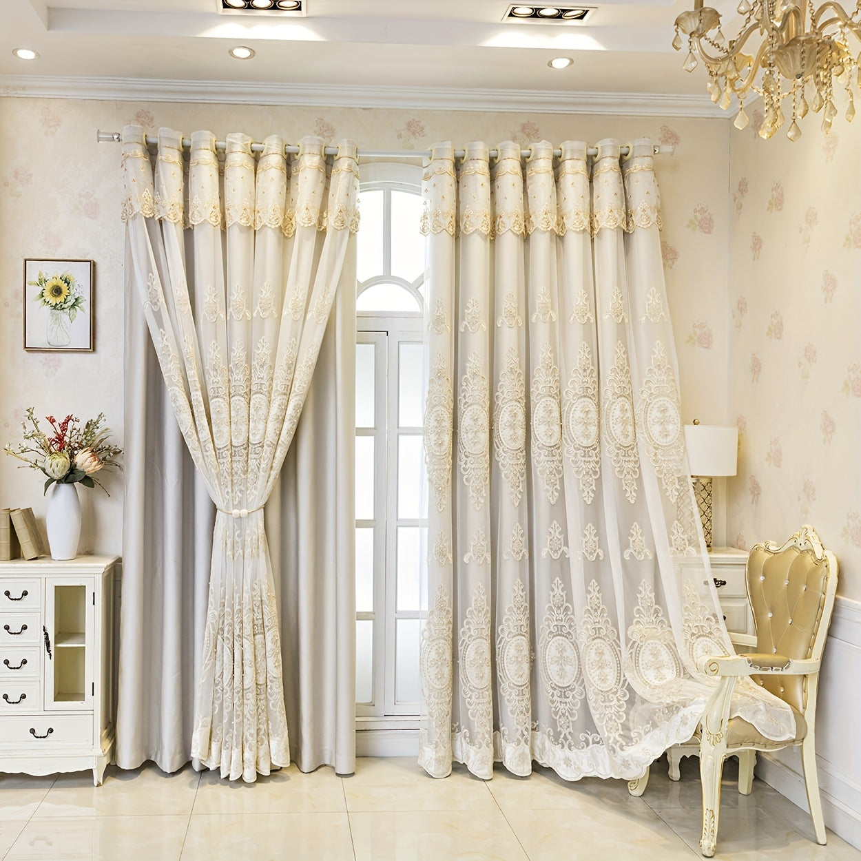 2Panels Exquisite Cloth Yarn Integrated Embroidered Blackout Curtains, Modern Polyester Artificial Pearl Decoration, Elegant Blackout Curtains Suitable For Bedrooms, Enhanced Privacy And Style, Perfect For Modern Home Decor.