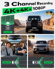 4K+4K+1080P 3 Channel Dash Cam, Free 128GB Card, AProX HD Night Vision | Dash Cam Front and Rear with Cabin, 5.8GHz WiFi6 - up to 20MB/s, App, GPS, G-Sensor, 24H Parking Mode, Support 512GB Max
