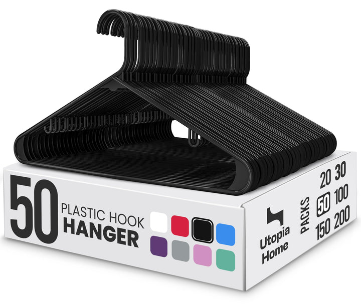 Utopia Home Plastic Hangers 50 Pack – Built-in Strap Hooks Black | Space saving | Durable & strong | Closet organizer | Clothes hangers | Ideal for shirts, pants, skirts & coats