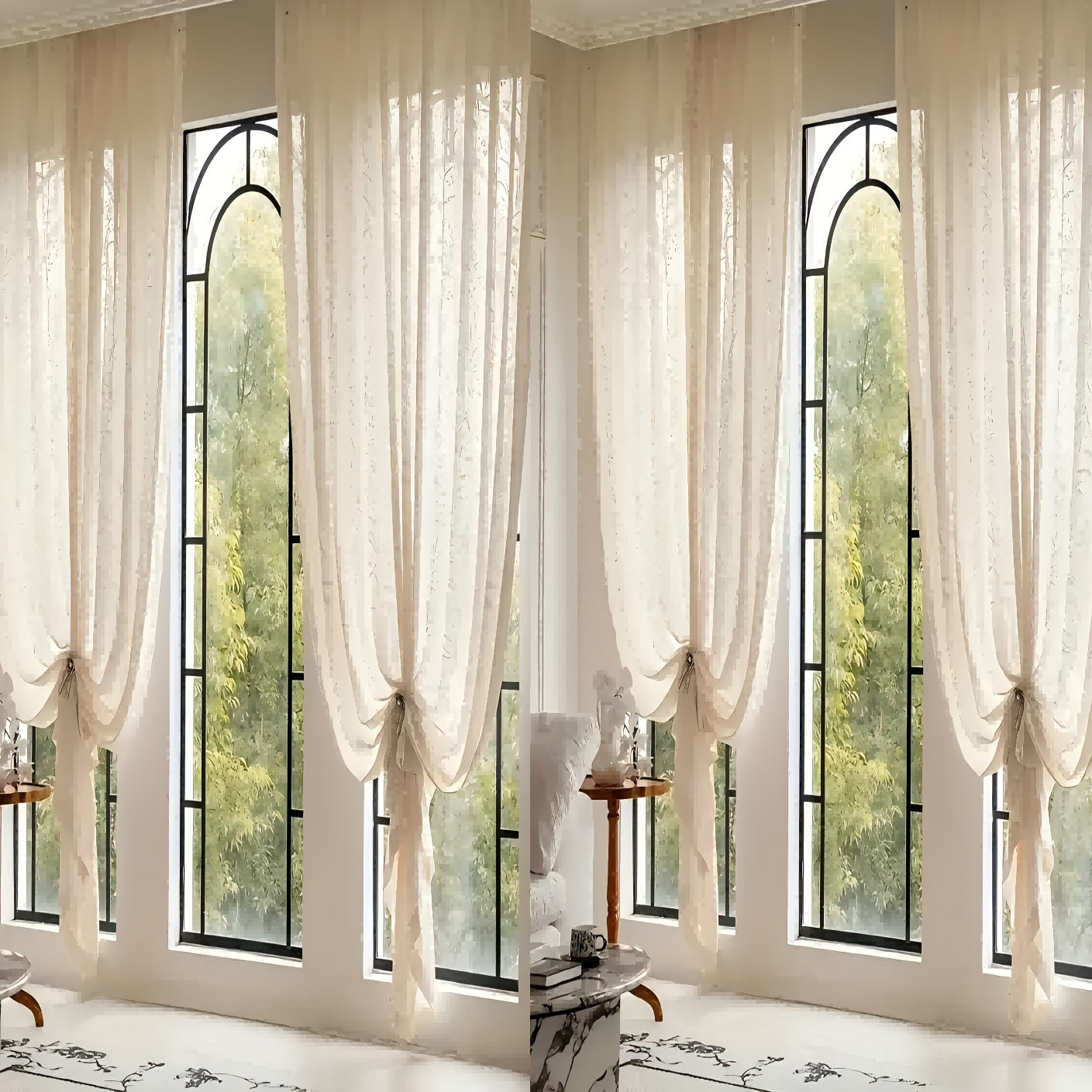 4-Panel French-Style Lace Sheers - Semi-Sheer Window Curtains with Moon Branch & Pattern, Beige Filtering Panels Suitable for, Bedroom, Balcony - Machine Washable (No Hardware\u002FRod Not Included)