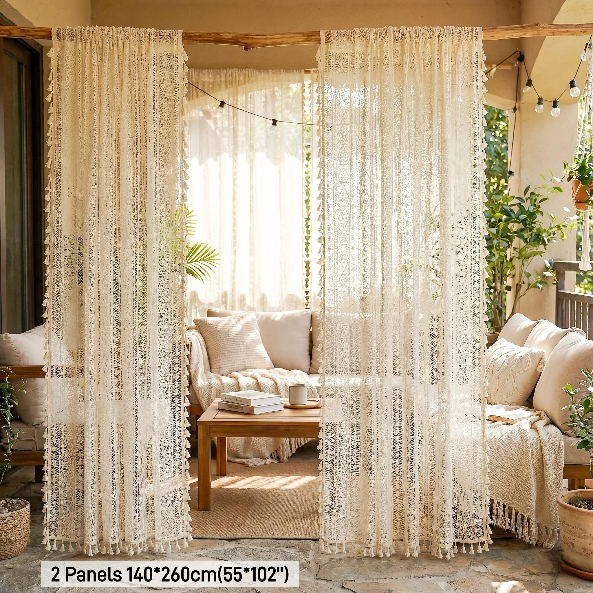Two Pieces of Lightweight Sheer Curtains in a Bohemian Style, Featuring a Unique Lace Design in Coordinating Colors. This Trendy Bohemian Aesthetic Is Breathable And Airy, Perfect for Spring And Summer, And Ideal for Home Gardens, Gazebos