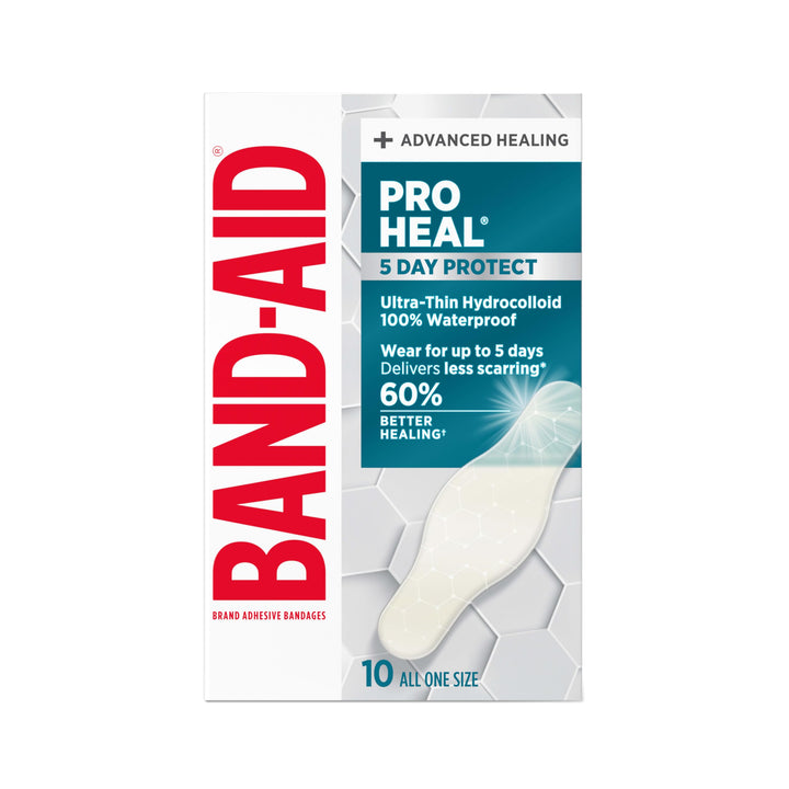 BAND-AID Brand Pro Heal 5 Day Protect Hydrocolloid Bandages, One Size, 10ct | Advanced Healing for Wound Care, 100% Waterproof Ultra-Thin Hydrocolloid First Aid Bandages, Less Scarring v. Uncovered Wound