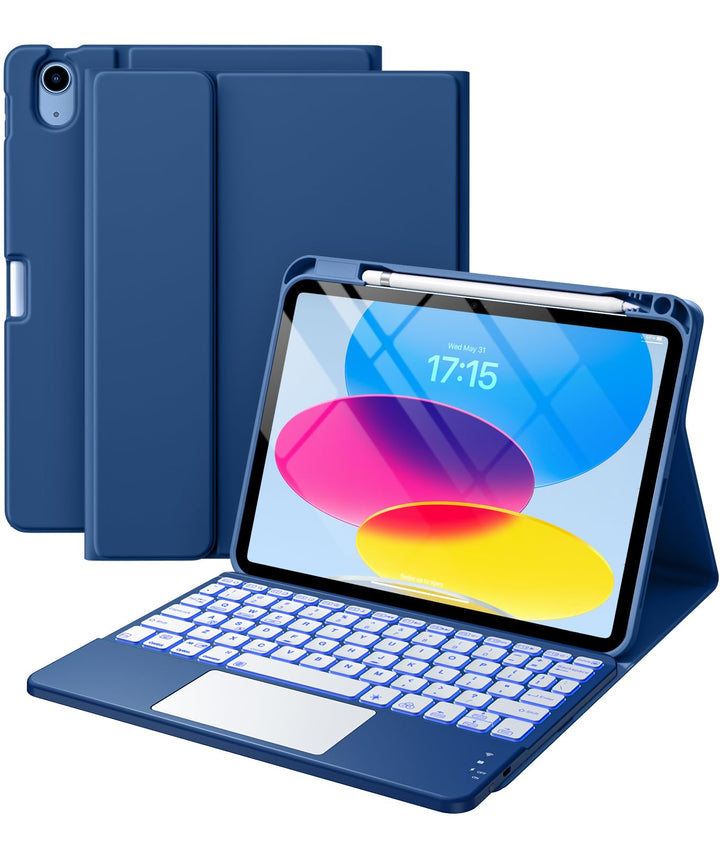 Harvopu for iPad A16 11th/10th Generation Case with Keyboard, Folio Cover | Multi-Touch Trackpad, 7 Colors Backlit, Detachable Keyboard for iPad A16 11 inch/10th Gen with Pencil Holder, Navy Blue