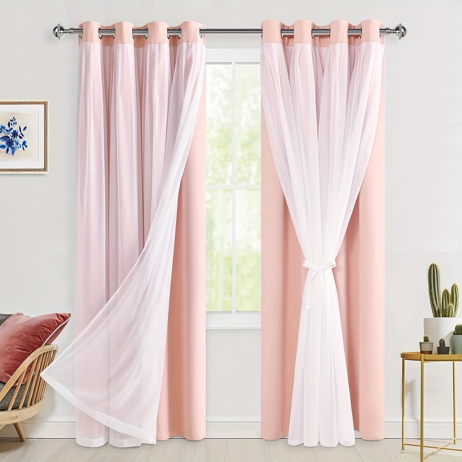 2 Panels Blackout Curtains with Sheer Overlay Thermal Insulated Mix & Match Double Layer Window Panels for Bedroom Living Room Drape Sewn with Tiebacks Grommet Top
