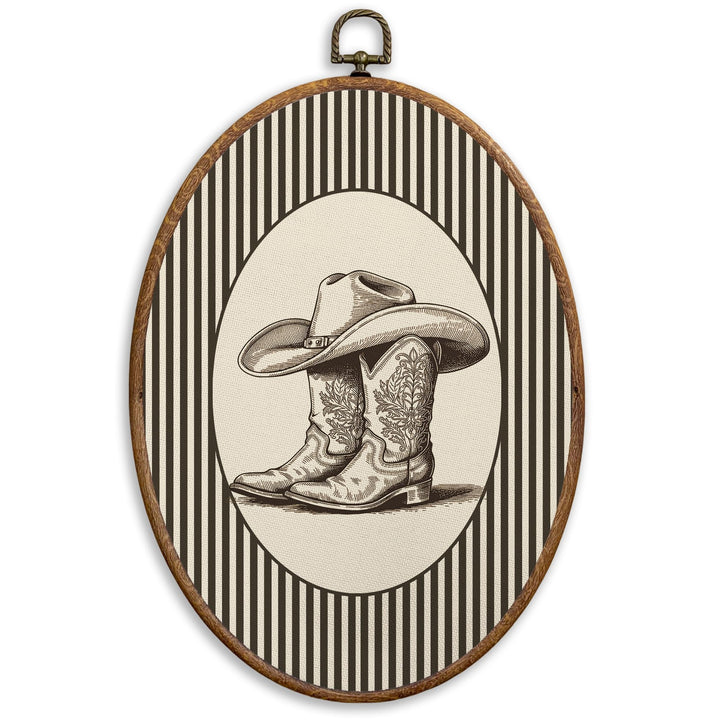 SONMYSULIL Vintage Western Cowboy Wall Art Decor, Rustic Western Oval Wall Hanging Decor, Country Southwestern Cowboy Boots Framed Canvas Prints for Home Bedroom Living Room, 8.6x11.4 Inch