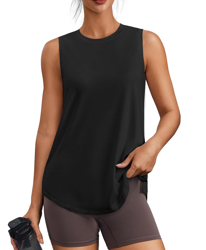 PINSPARK Workout Tank Tops for Women UPF 50+ Side Slits Athletic Gym Shirt | Crew Neck, Hip Length, Ultra-soft, Moisture Wicking, Loose Fit, Yoga, Hiking, Pilates, Sleeveless Shirts for Women