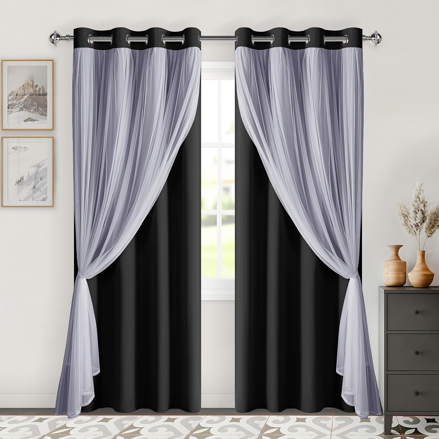 2 Panels Blackout Curtains with Sheer Overlay Thermal Insulated Mix & Match Double Layer Window Panels for Bedroom Living Room Drape Sewn with Tiebacks Grommet Top