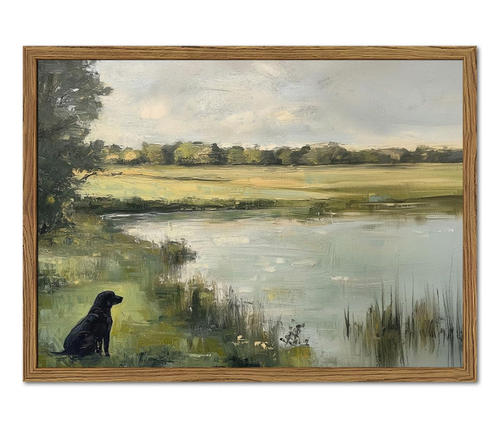 Framed Vintage Hunting Black Dog Wall Art, Rustic Country Nature Landscape Pictures Wall Decor, Farmhouse Animal Paintings Canvas Prints Aesthetic Home Decor for Living Room Bedroom 8x10 inch