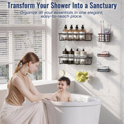5 Pack Adhesive Bathroom Holders & Dispensers for Kids & Adults, Black | Large Capacity No-Drilling Rustproof Shower Caddy Shelves Rack with Soap Dishes, Toothbrush Holder & Hooks
