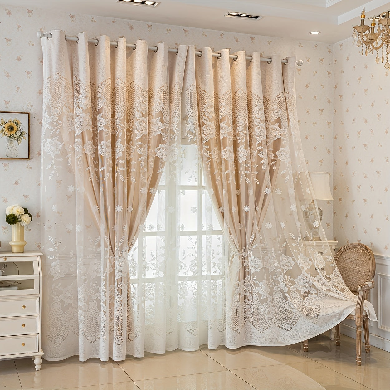 2Panels Exquisite Floral Jacquard Fabric Integrated Blackout Curtain, Top Perforated Hanging, Blackout 80%, Room Decoration Resistant, Suitable for bedroom, office, kitchen, living room, study, Room Decor,