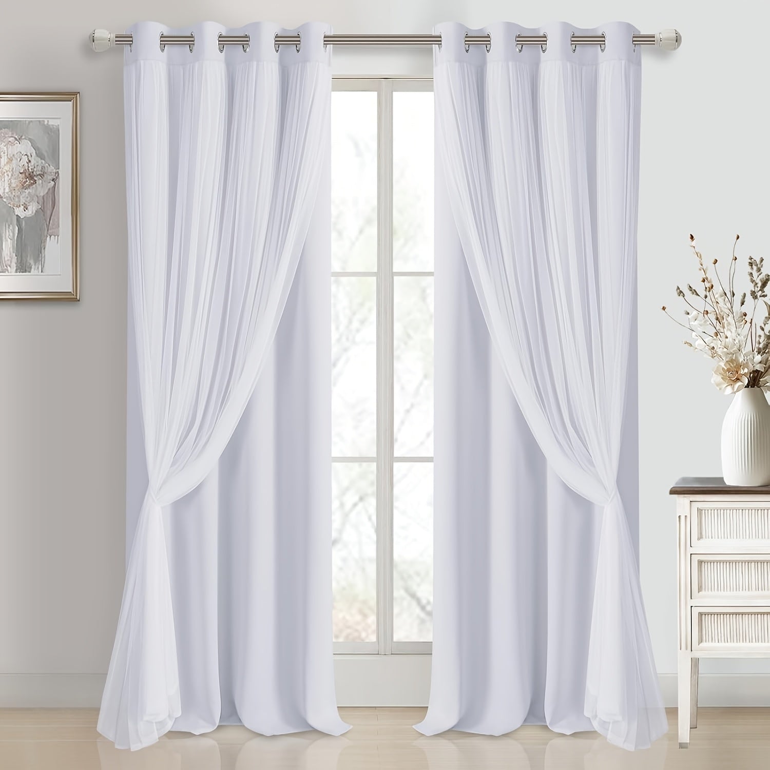 2 Panels Blackout Curtains with Sheer Overlay Thermal Insulated Mix & Match Double Layer Window Panels for Bedroom Living Room Drape Sewn with Tiebacks Grommet Top