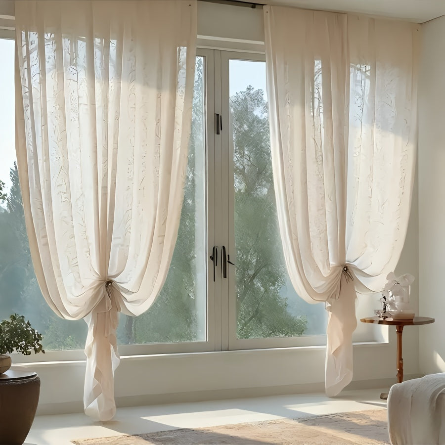 4-Panel French-Style Lace Sheers - Semi-Sheer Window Curtains with Moon Branch & Pattern, Beige Filtering Panels Suitable for, Bedroom, Balcony - Machine Washable (No Hardware\u002FRod Not Included)