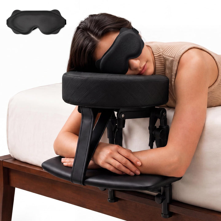 Massage Headrest for Bed, Adjustable Bed Massage Head Holder with Face Cradle, Portable Massage Table Headrest for Mattress 5''-18'', Face Down Pillow with Armrest for Home & Bedside Use, Dark Black